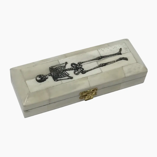 6-1/2" Skeleton-On-Coffin Black Scrimshaw Ox Bone Decorative Needlework Box