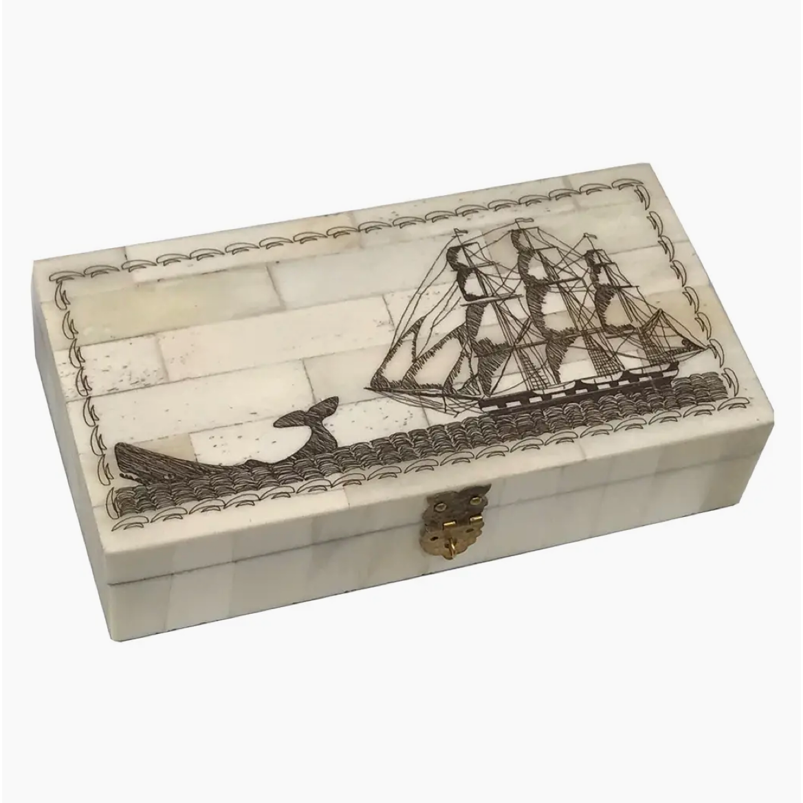 6-1/4" Engraved Whale Chase Scrimshaw Bone Decorative Needlework Box