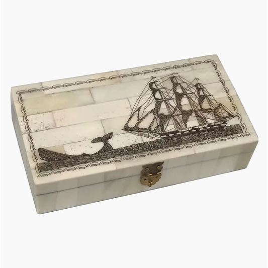 6-1/4" Engraved Whale Chase Scrimshaw Bone Decorative Needlework Box