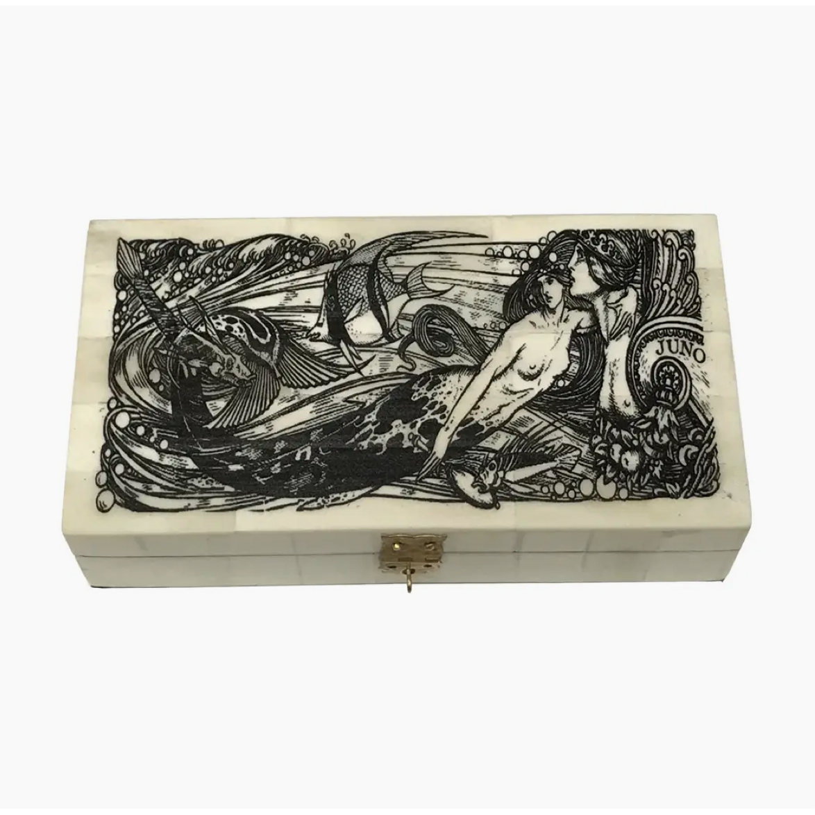 6-1/4" Mermaid w/ Goddess Juno Engraved Bone Decorative Needlework Box