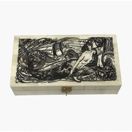 6-1/4" Mermaid w/ Goddess Juno Engraved Bone Decorative Needlework Box