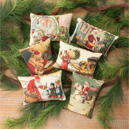 Mini Pillow Ornaments - Vintage Santa Postcards