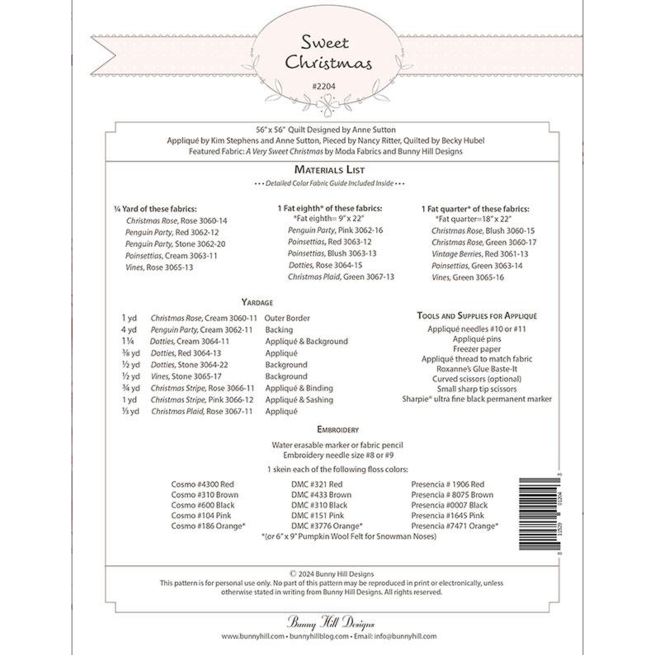 Bunny Hill Designs ~ Sweet Christmas Quilt Pattern