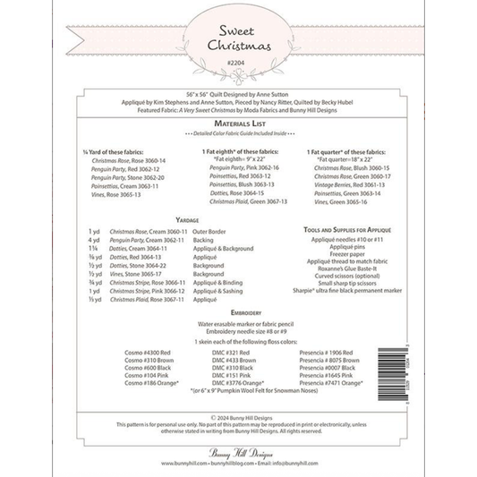 Bunny Hill Designs ~ Sweet Christmas Quilt Pattern
