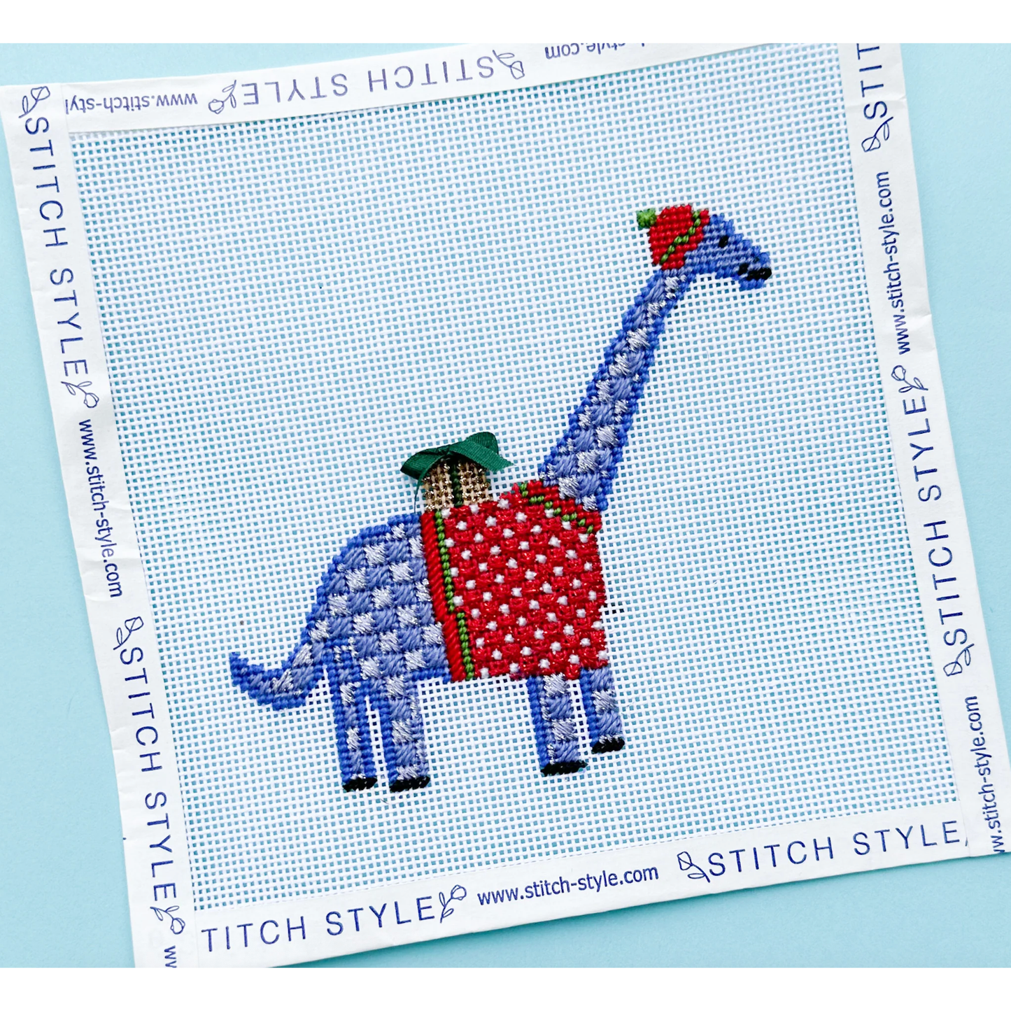 Stitch Style Needlepoint | Christmas Dinosaur Needlepoint Canvas - Brontosaurus