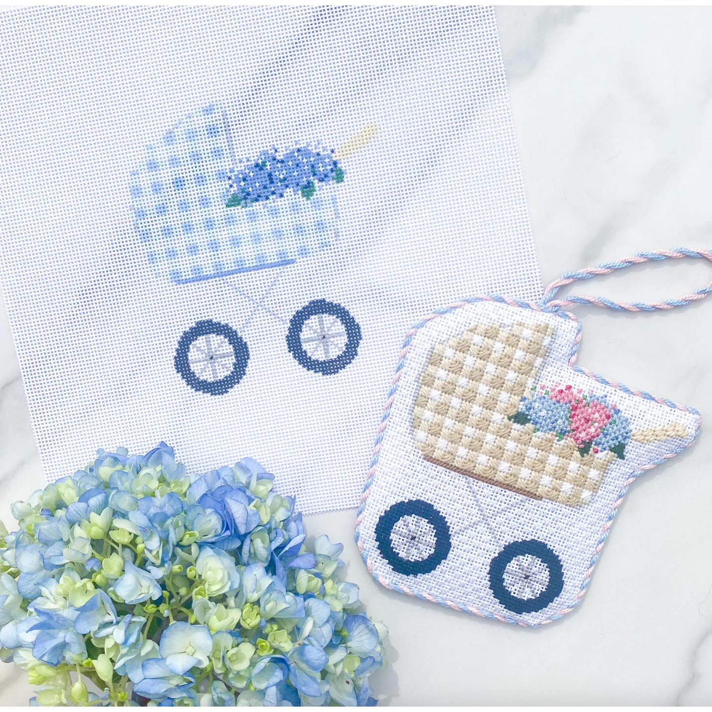 Stitch Style Needlepoint | Blue Hydrangea Baby Carriage