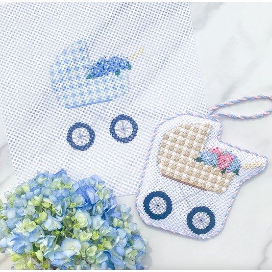 Stitch Style Needlepoint | Blue Hydrangea Baby Carriage