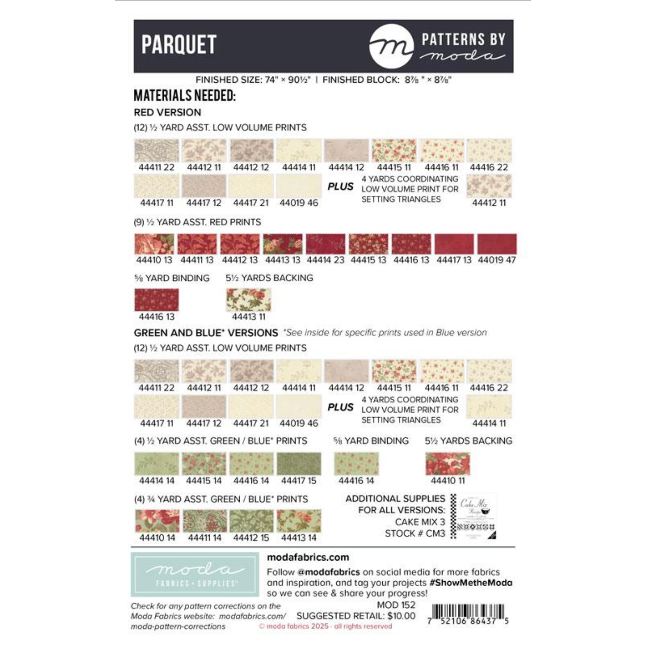 Moda ~ Parquet Quilt Pattern and/or Kit