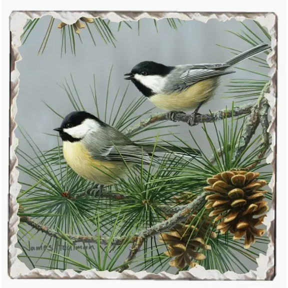 Chickadees Absorbent Stone Tumbled Tile Coaster
