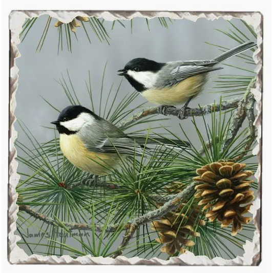 Chickadees Absorbent Stone Tumbled Tile Coaster