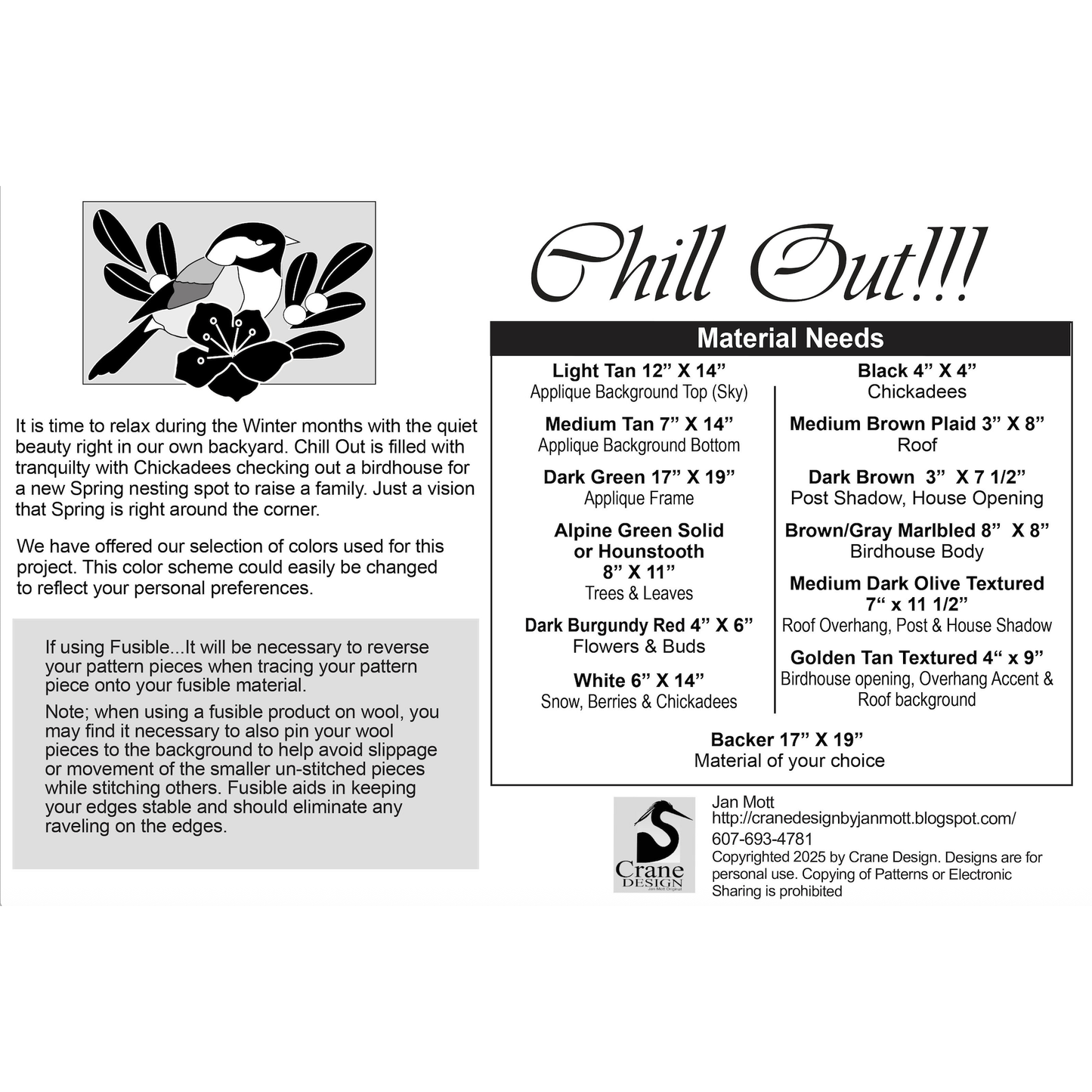 Crane Design ~ Chill Out Wool Applique Pattern