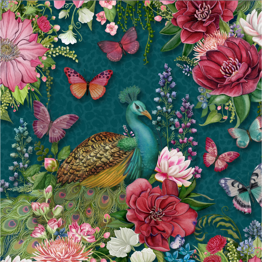 Wild Garden ~ Peacocks and Flowers ~ W100-003-919 Teal