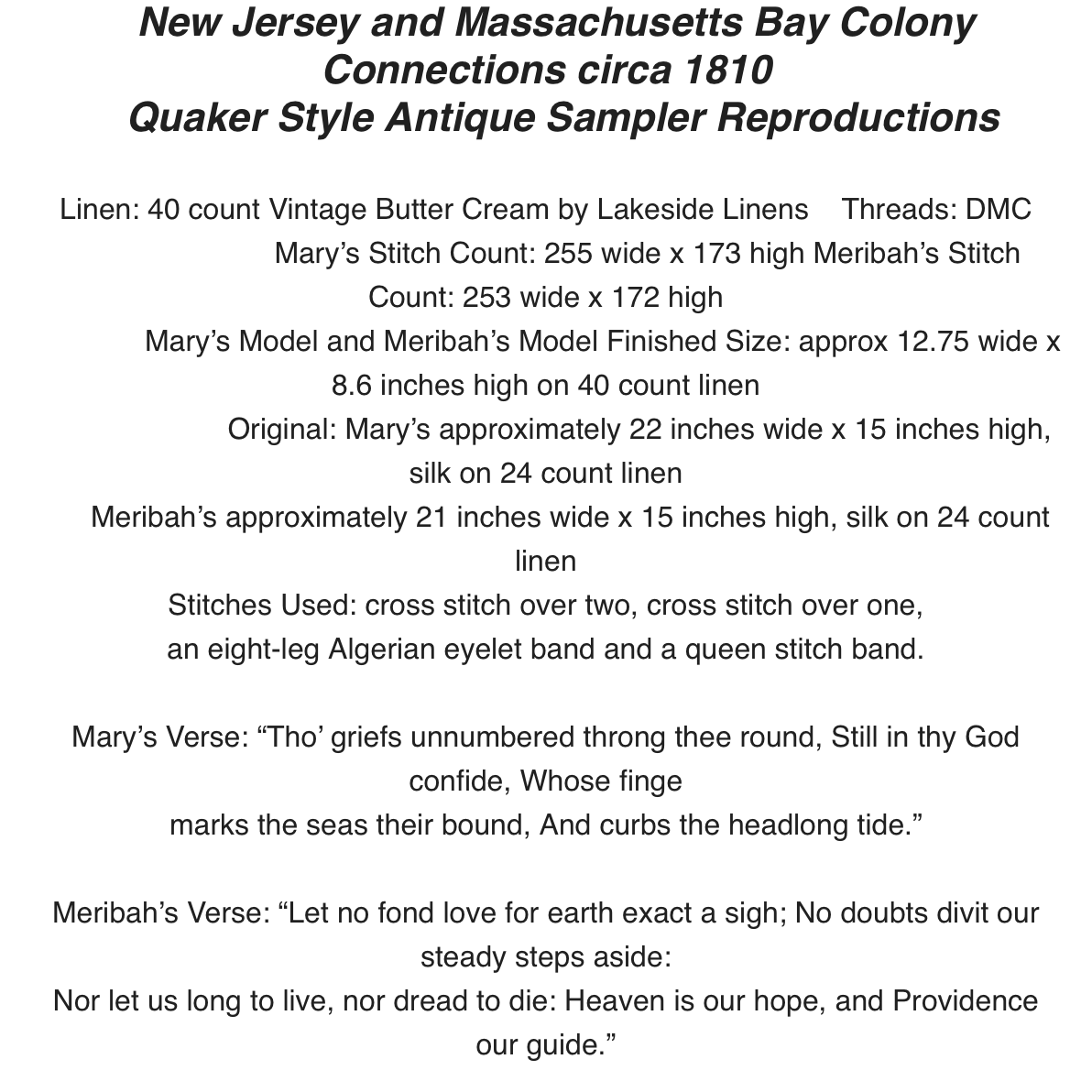 Cross Stitch Antiques | Mary and Meribah Chandler Sisters Samplers MARKET 2026