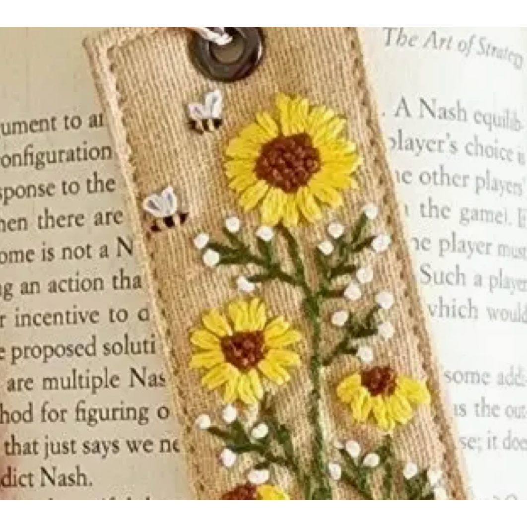 Retro Linen Bookmark with Cute Floral Embroidery