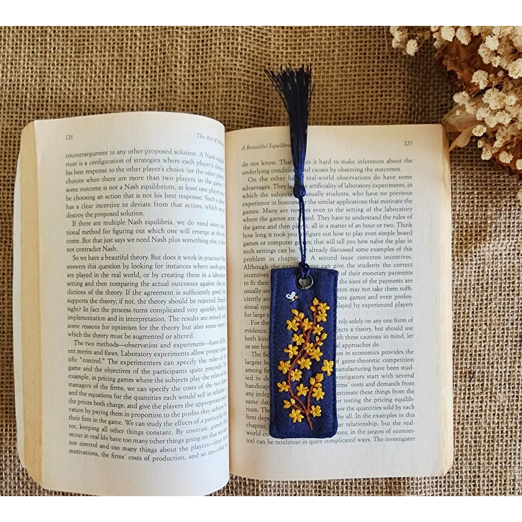 Retro Linen Bookmark with Cute Floral Embroidery