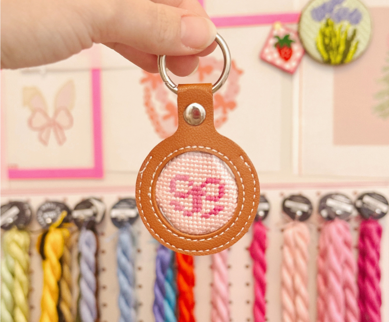 Cotswold Co Designs | Needlepoint Self Finishing Pu Leather Key Fob Bag Tag - Pink