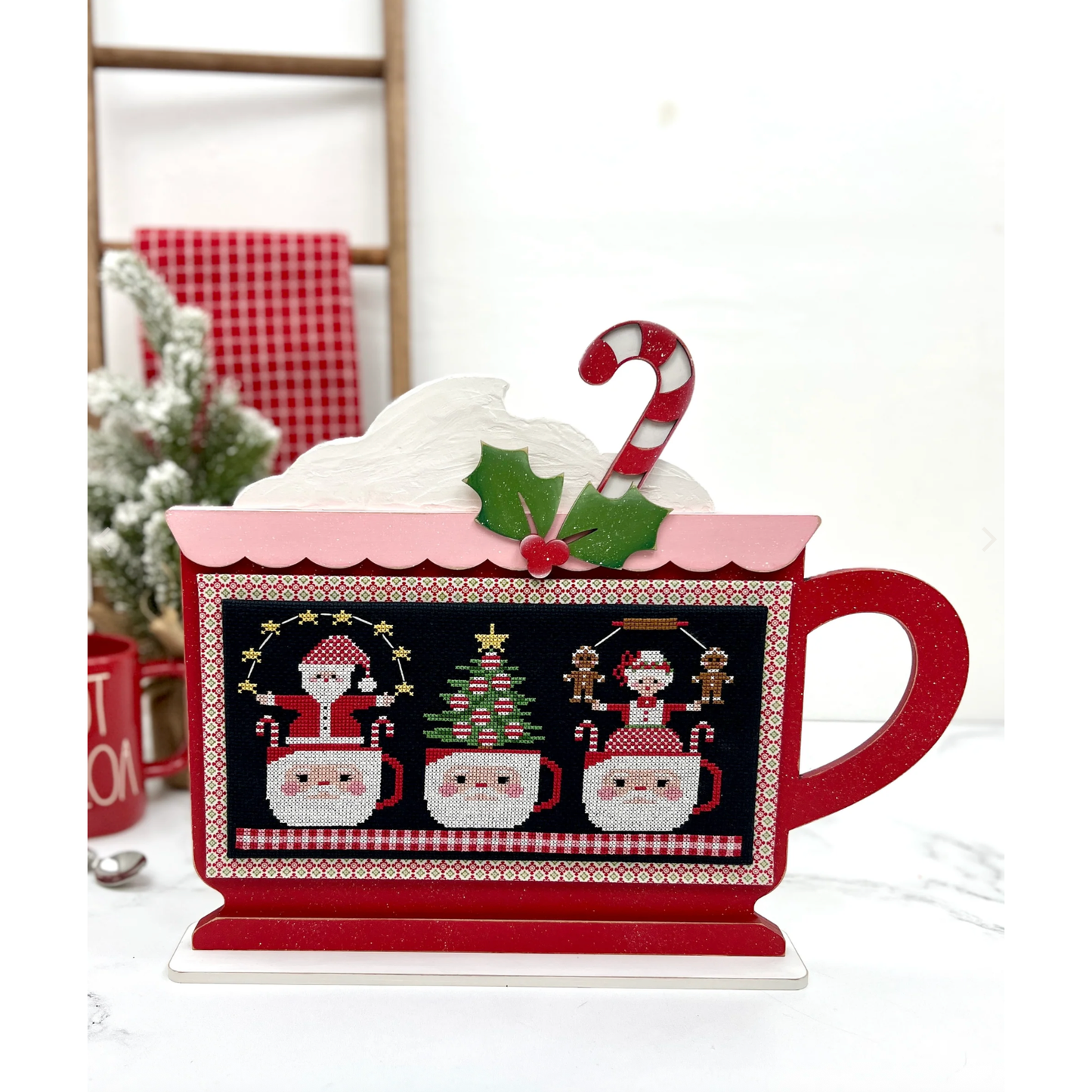 Paisleys & Polka Dots | Cup O' Christmas Cheer-DIY Mug Cross Stitch Display