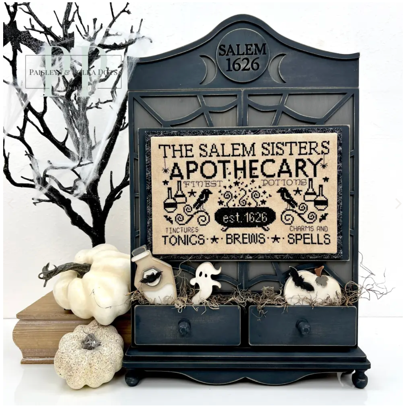Paisleys & Polka Dots | Apothecary Cabinet Cross Stitch Display-Unfinished Wood