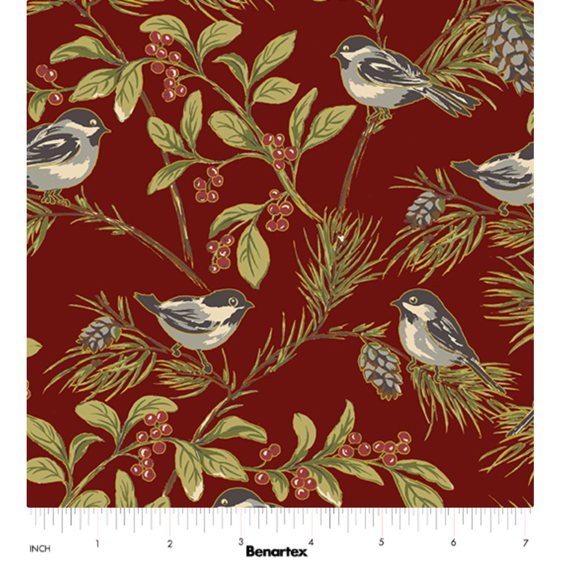 Christmas At Home ~ Chickadees ~ 16715M-19 Dark Red