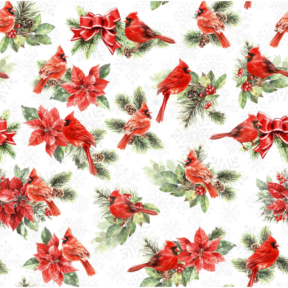 Feathered Festivities ~ Cardinals & Poinsettias ~ W120-006-036 White