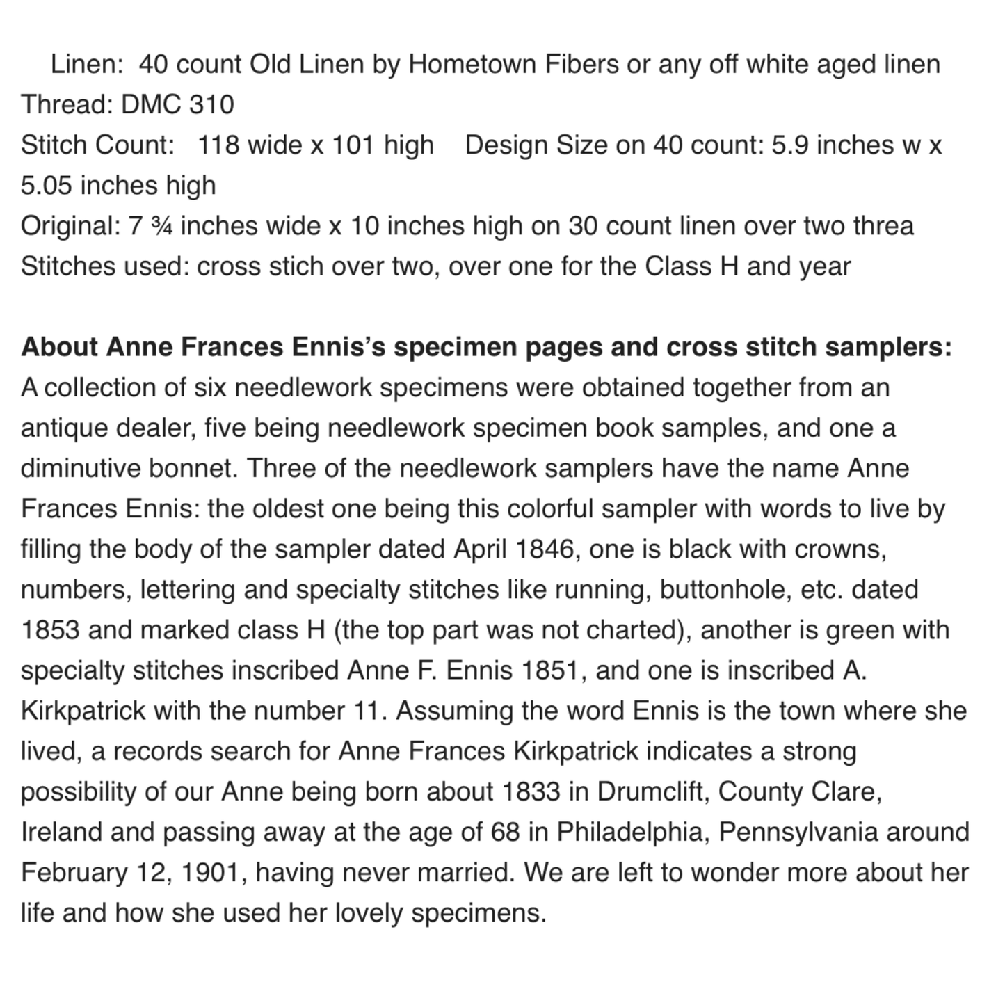 Cross Stitch Antiques | Anne Frances Ennis 1853 NM2026