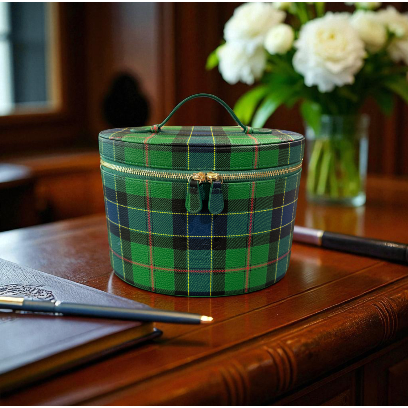 Winterbury Green Tartan Plaid Large Leather Needlework Case
