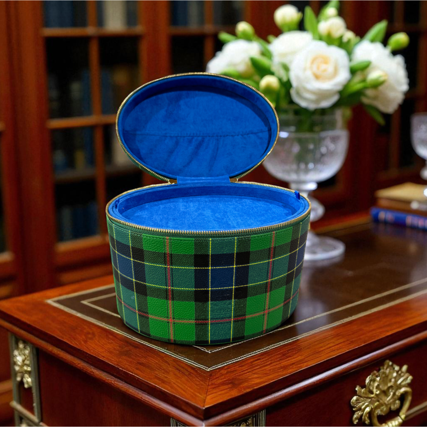 Winterbury Green Tartan Plaid Large Leather Needlework Case