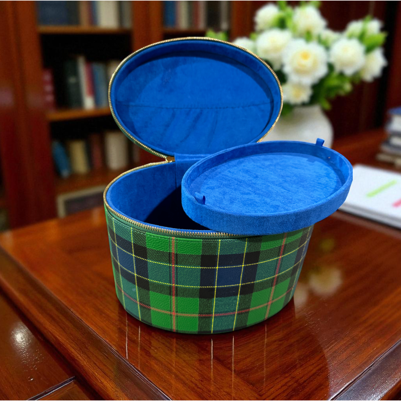Winterbury Green Tartan Plaid Large Leather Needlework Case