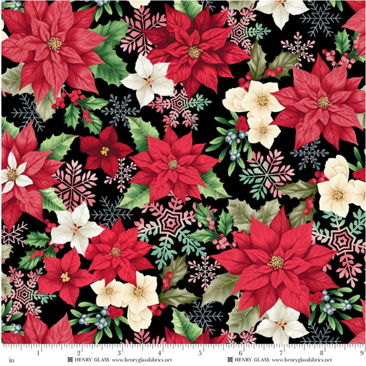 Sweet Christmas Memories ~ Small Poinsettia and Mistletoe ~ 3617-99 Black