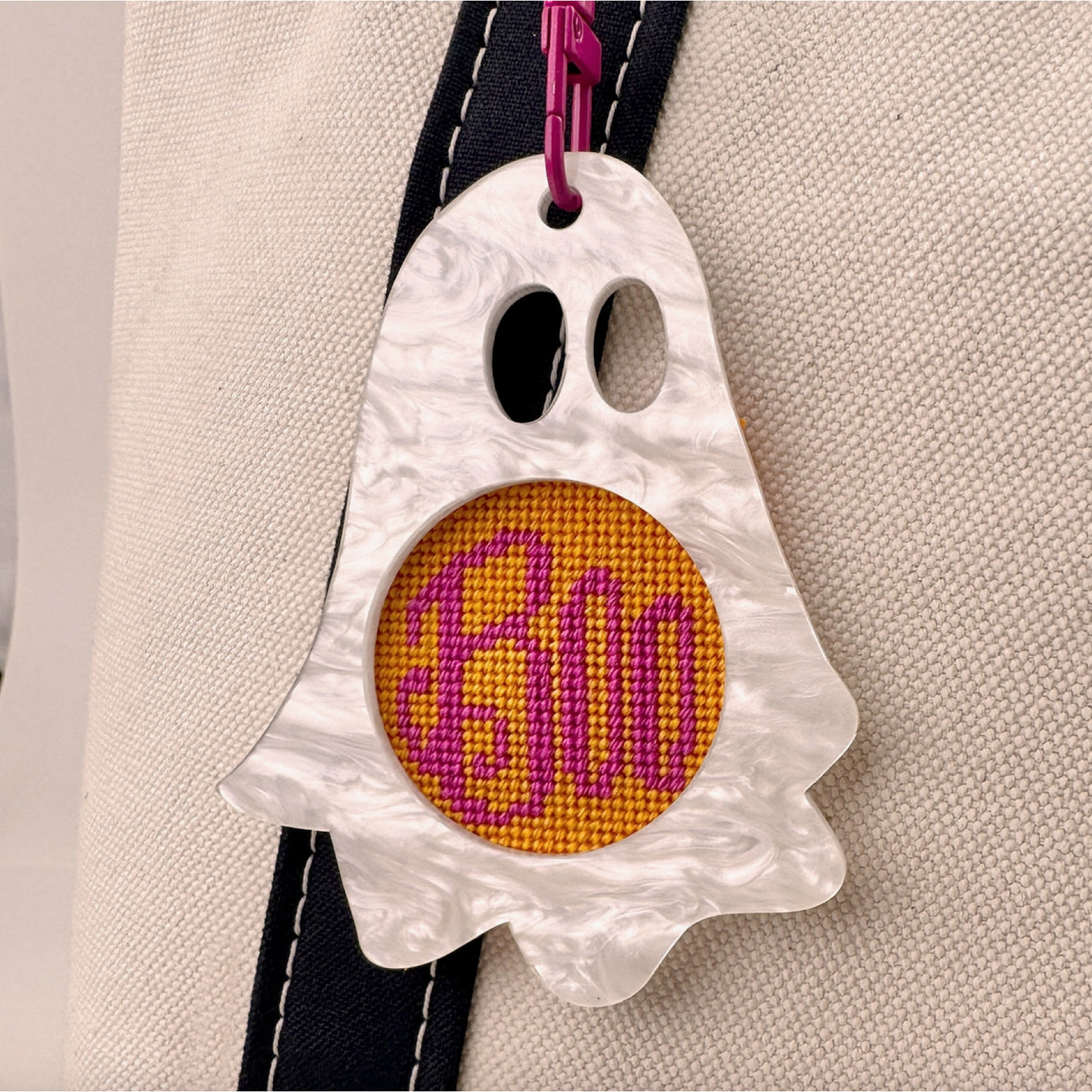Fraymeworks | Needlepoint Bag Tag: Ghost - Pearl White
