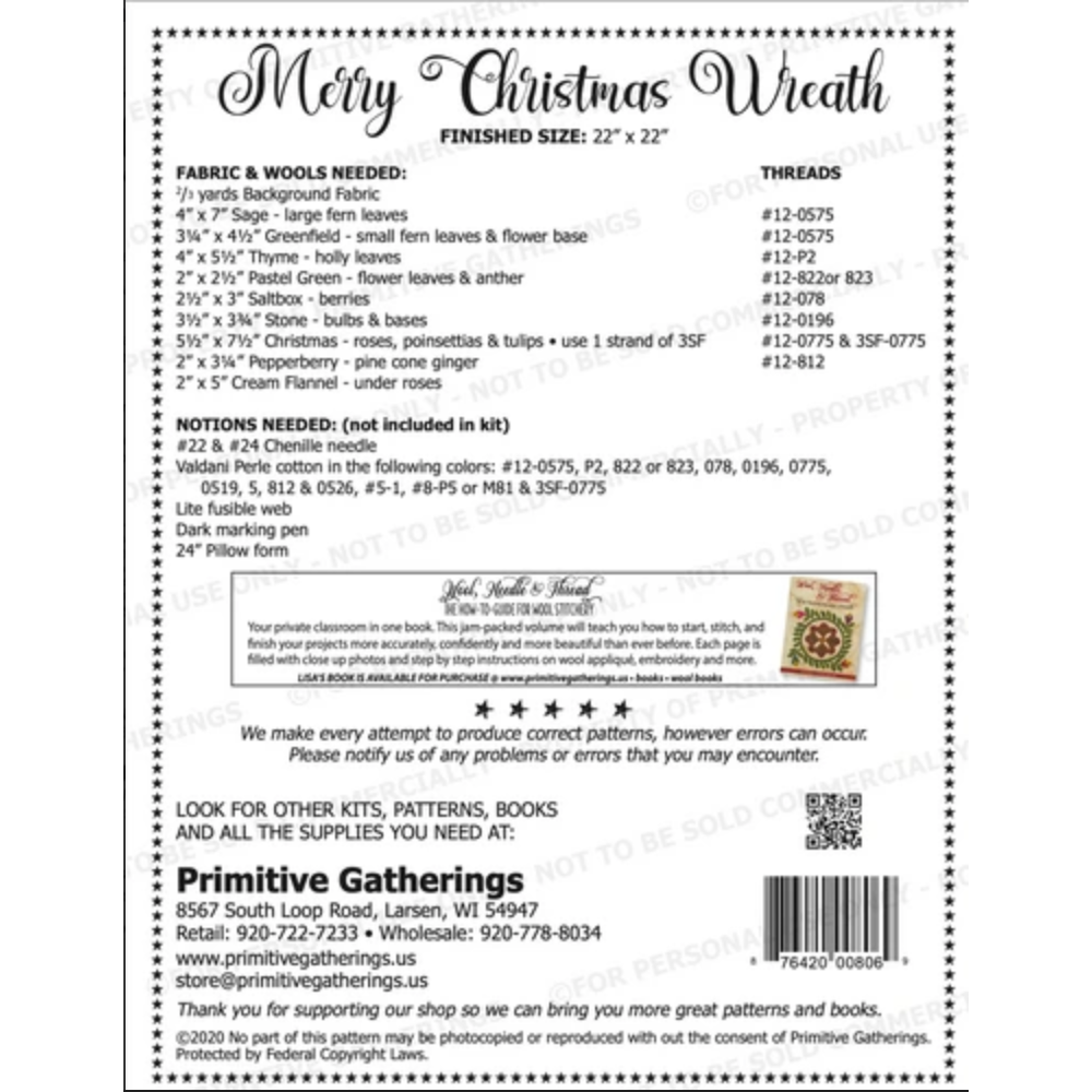 Primitive Gatherings ~ Merry Christmas Wreath Wool Applique Kit