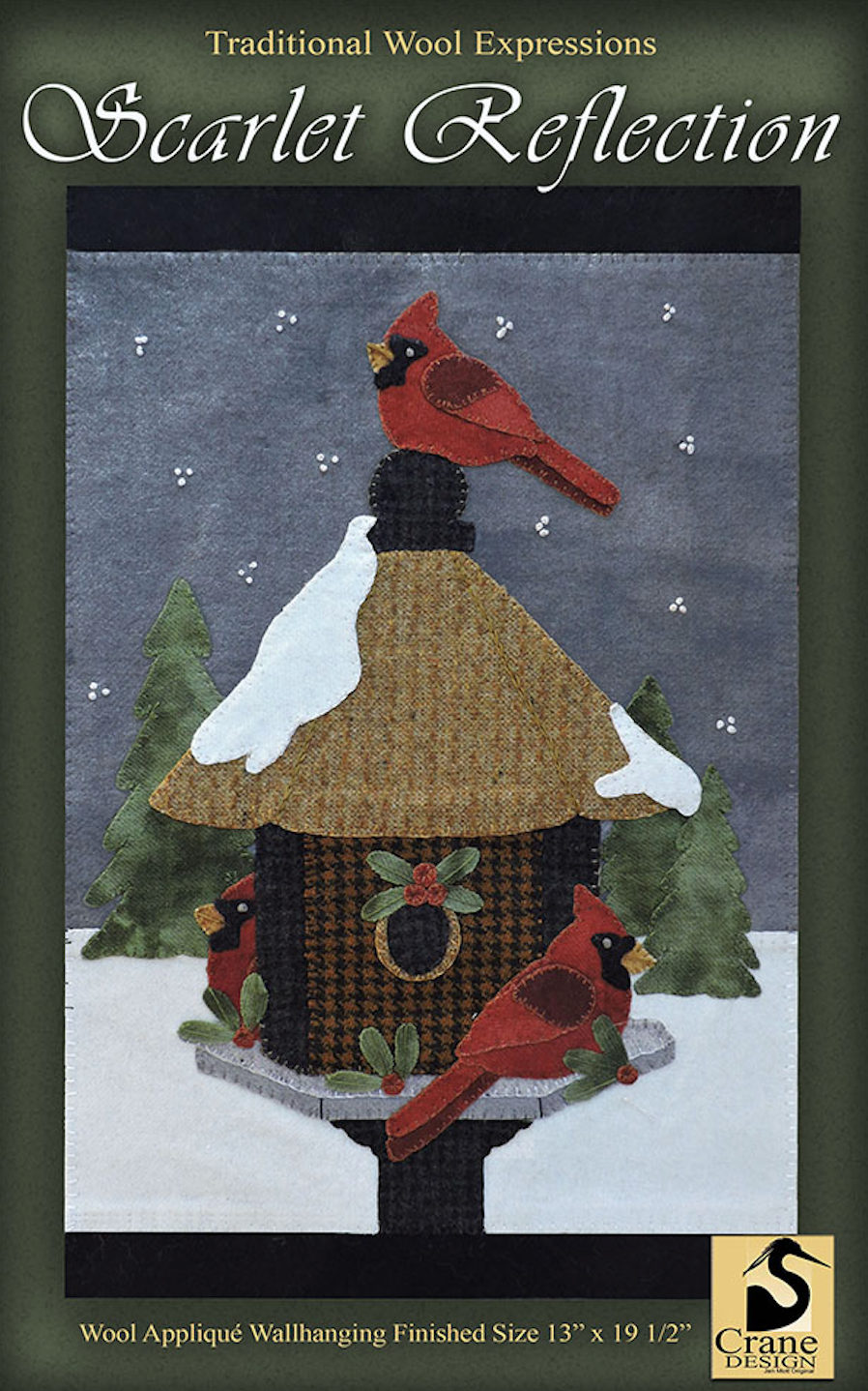 Crane Design ~ Scarlet Reflection Wool Applique Pattern