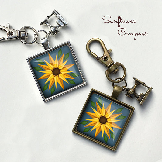 Patchwork Pendants | Sunflower Compass Quilt Scissor Fob - Antique Brass