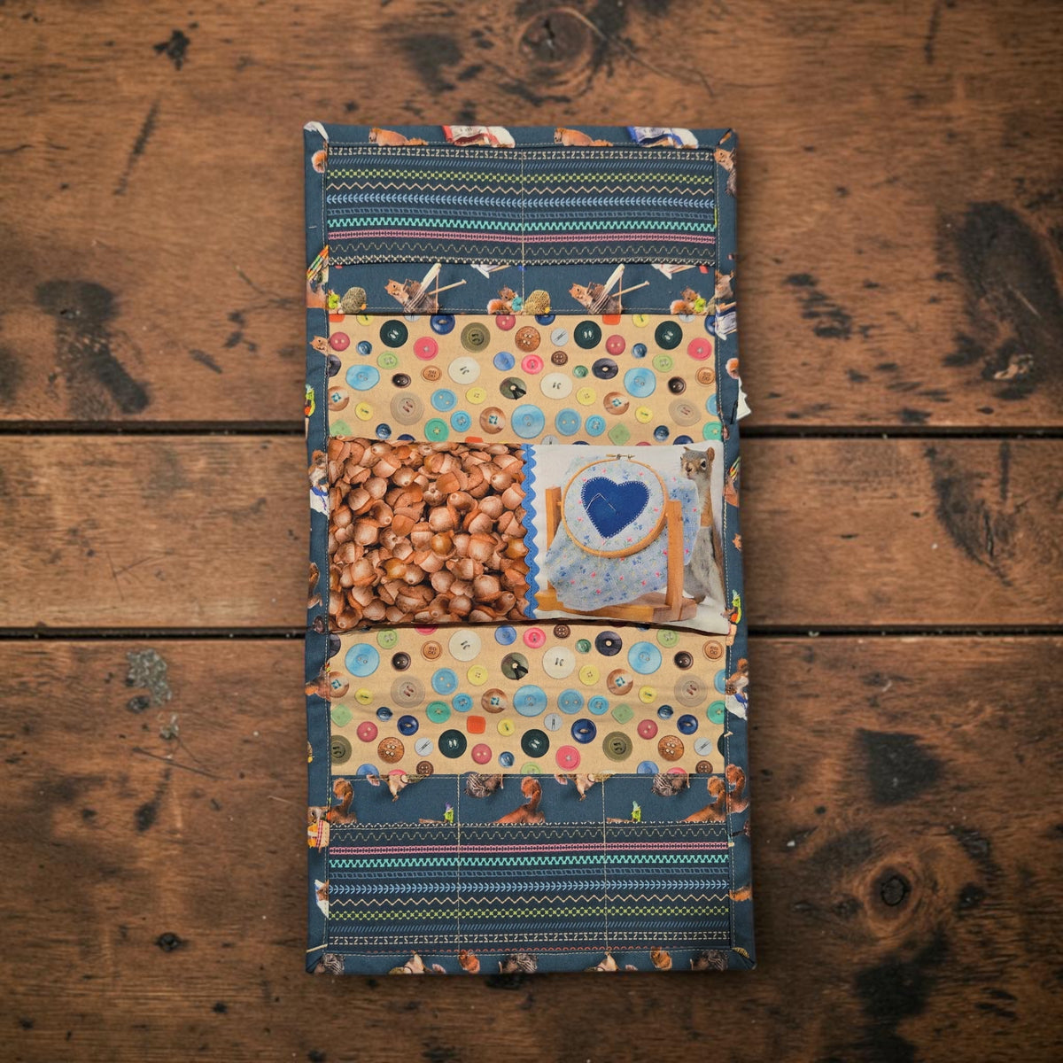 Designed by Cheri | Arm Rest Stitching Caddy Featuring Secret Life of Squirrels IV Fabrics