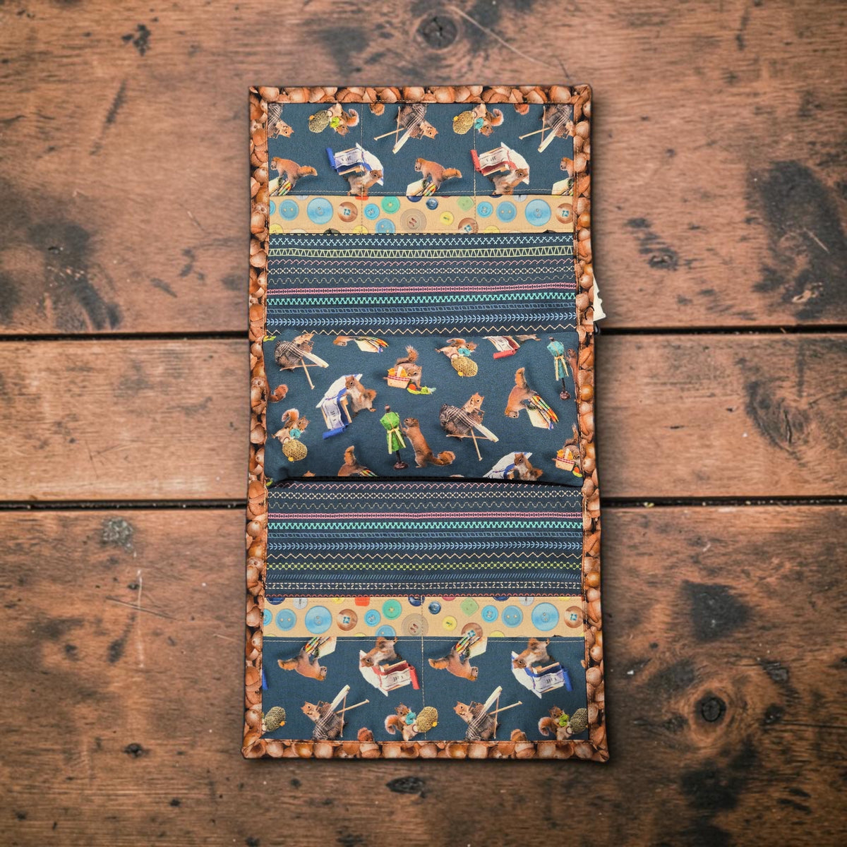 Designed by Cheri | Arm Rest Stitching Caddy Featuring Secret Life of Squirrels IV Fabrics