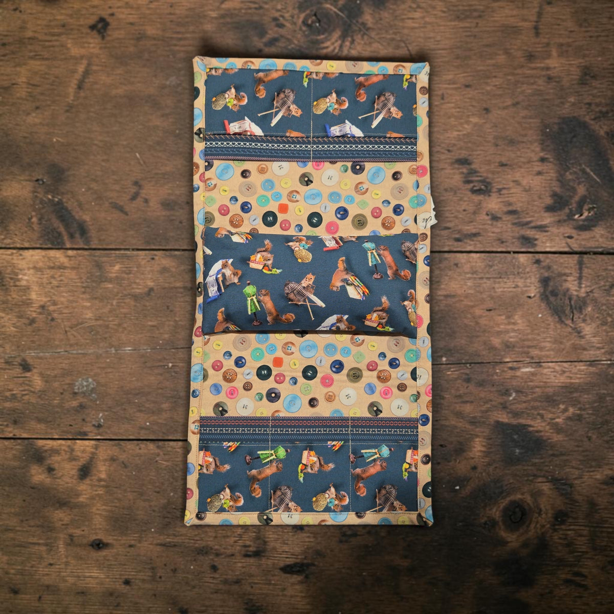 Designed by Cheri | Arm Rest Stitching Caddy Featuring Secret Life of Squirrels IV Fabrics