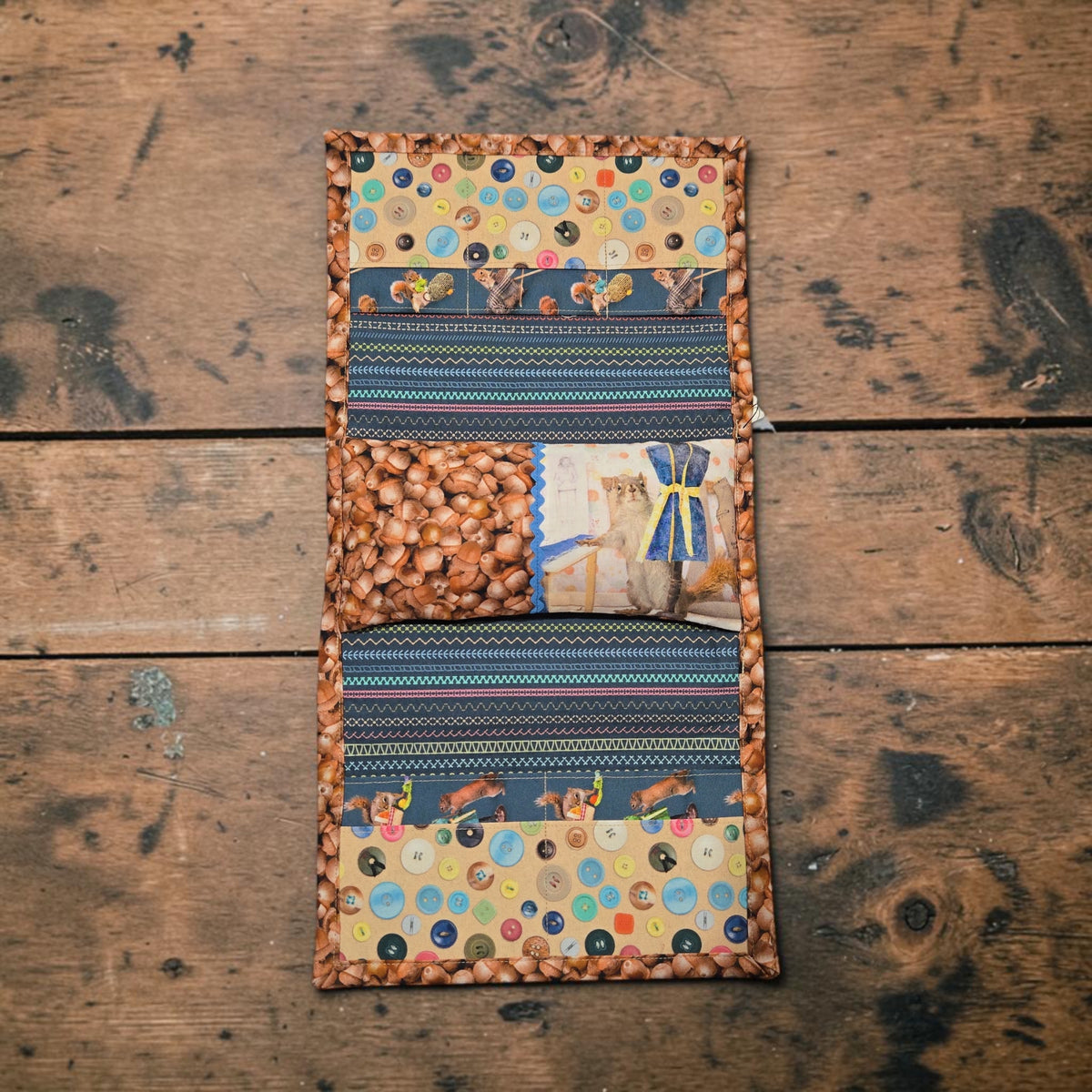 Designed by Cheri | Arm Rest Stitching Caddy Featuring Secret Life of Squirrels IV Fabrics