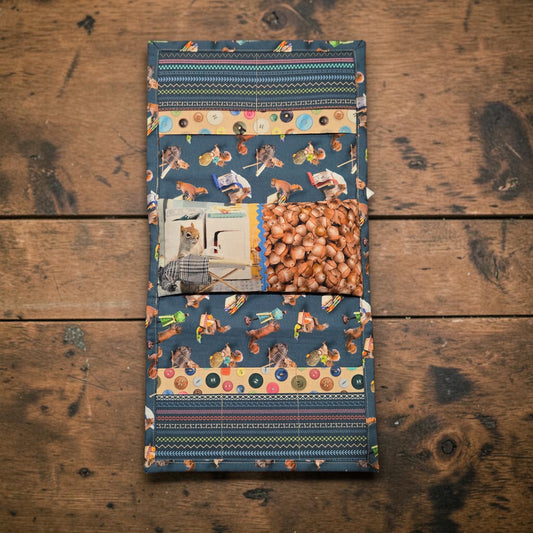 Designed by Cheri | Arm Rest Stitching Caddy Featuring Secret Life of Squirrels IV Fabrics
