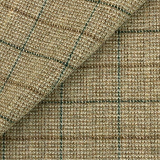 Dorr Mill ~ #4619  Tan, White & Teal Pin Check Windowpane Wool Fabric