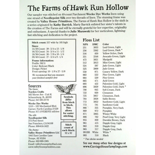 Carriage House Samplings ~ Farms of Hawk Run Hollow Pattern