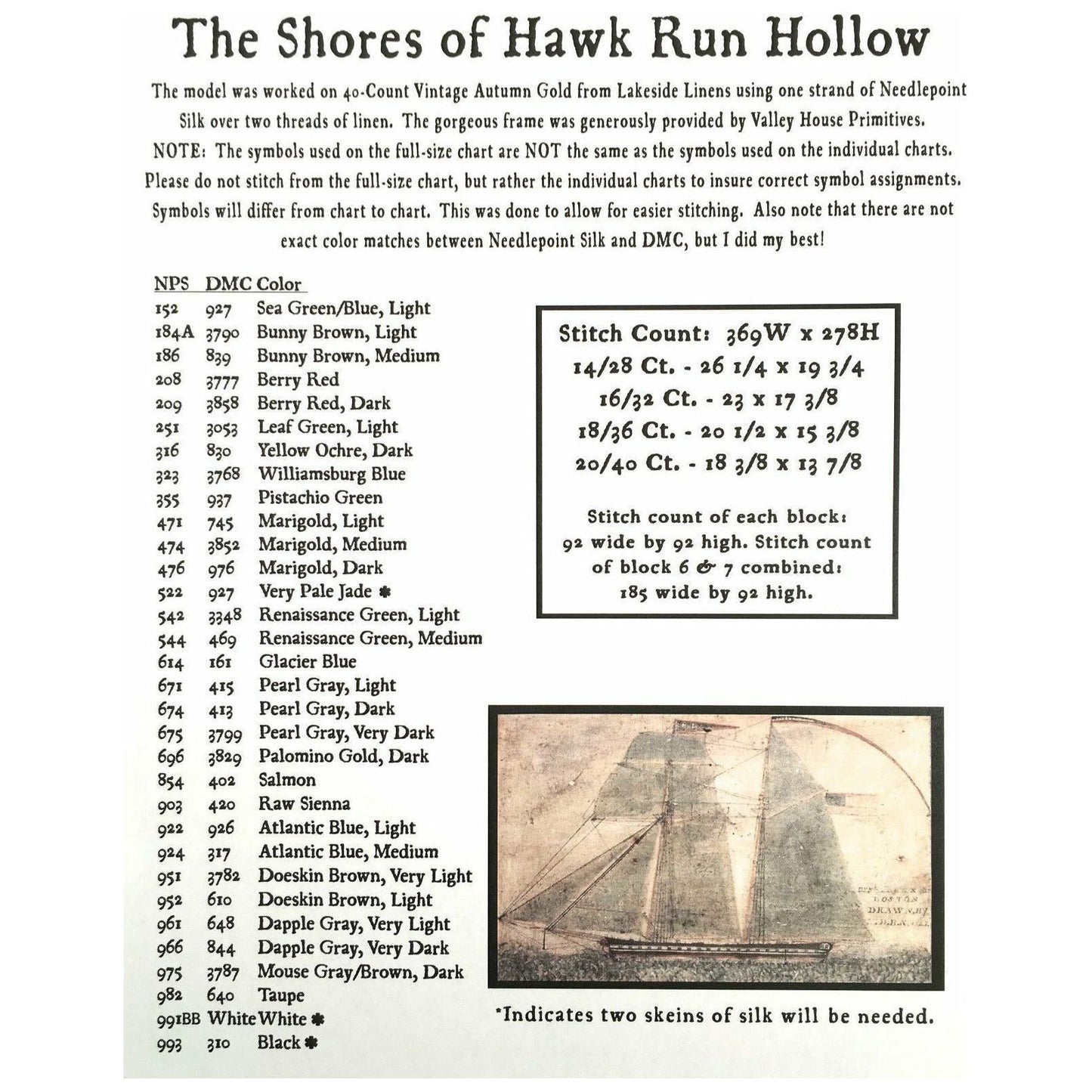 Carriage House Samplings ~ The Shores of Hawk Run Hollow Pattern