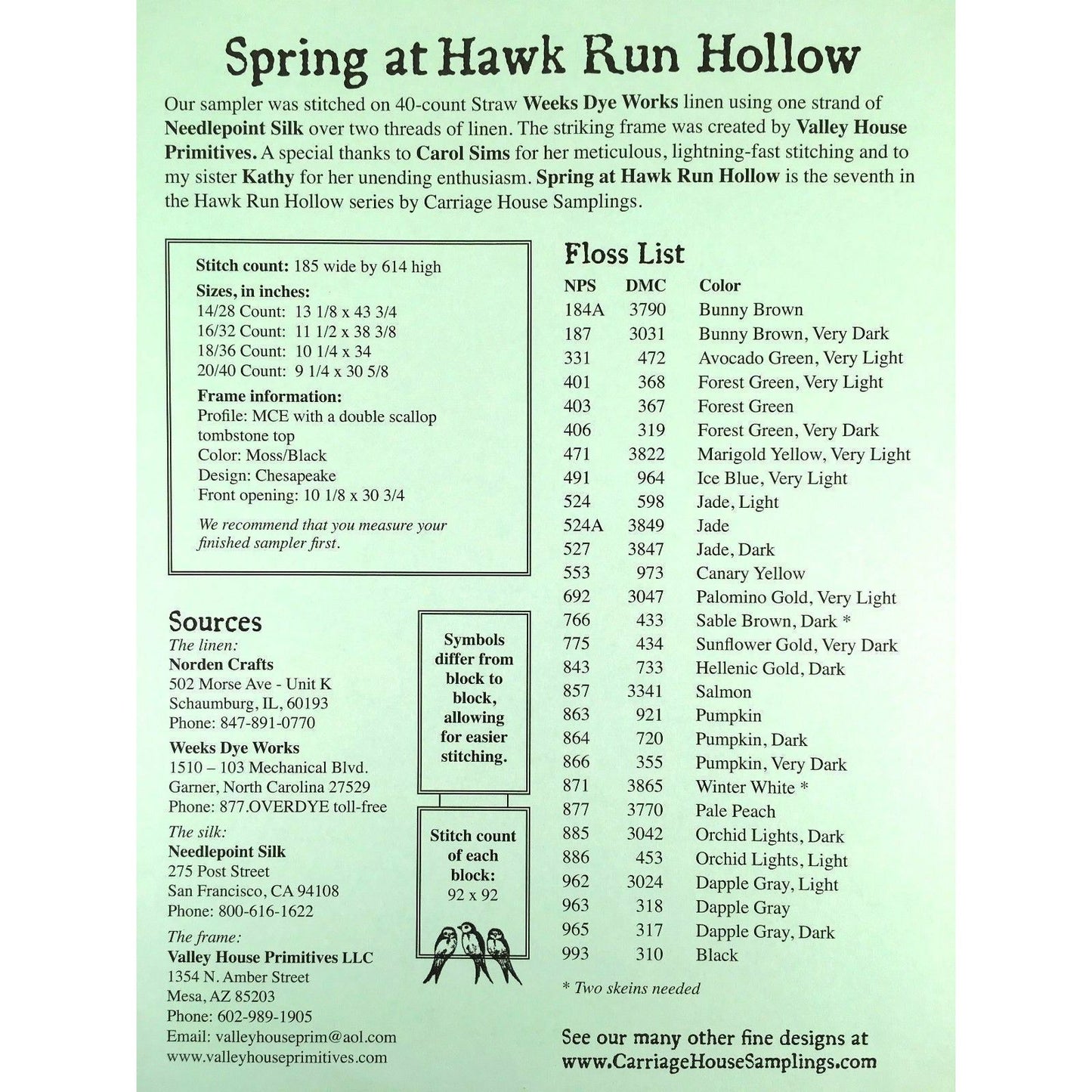 Carriage House Samplings ~ Spring at Hawk Run Hollow Pattern