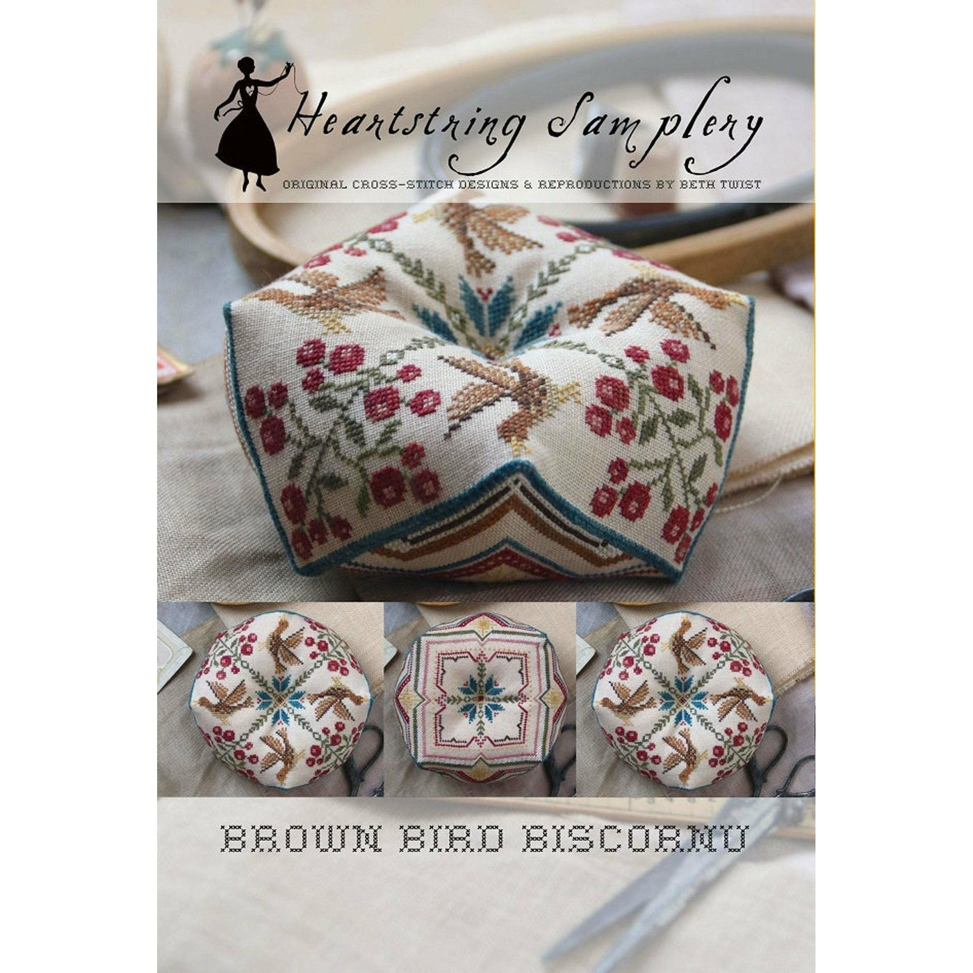 Heartstring Samplery ~ Brown Bird Biscornu Pattern