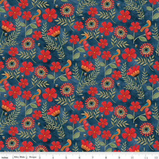 Teresa Kogut Stitchy Birds ~  Flowers Blue C12601-Blue