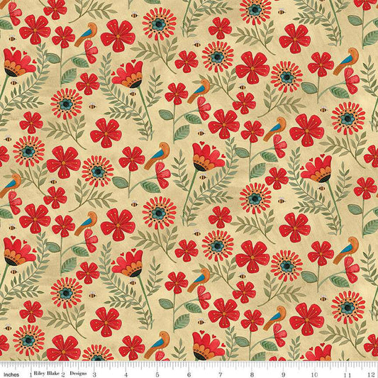 Teresa Kogut Stitchy Birds ~  Flowers Parchment C12601-Parchment