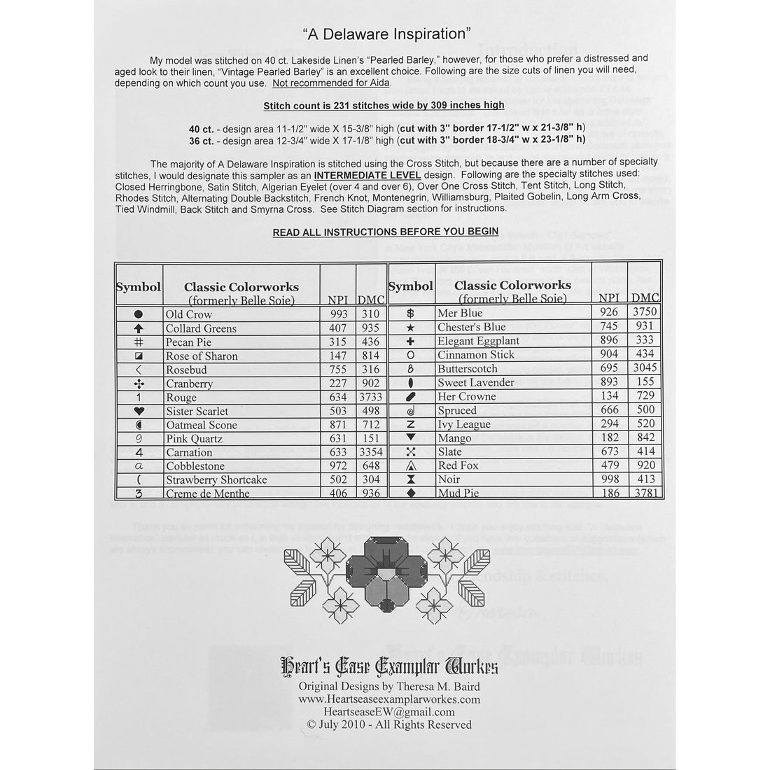 Heart's Ease Examplar Workes A Delaware Inspiration Pattern Hobby