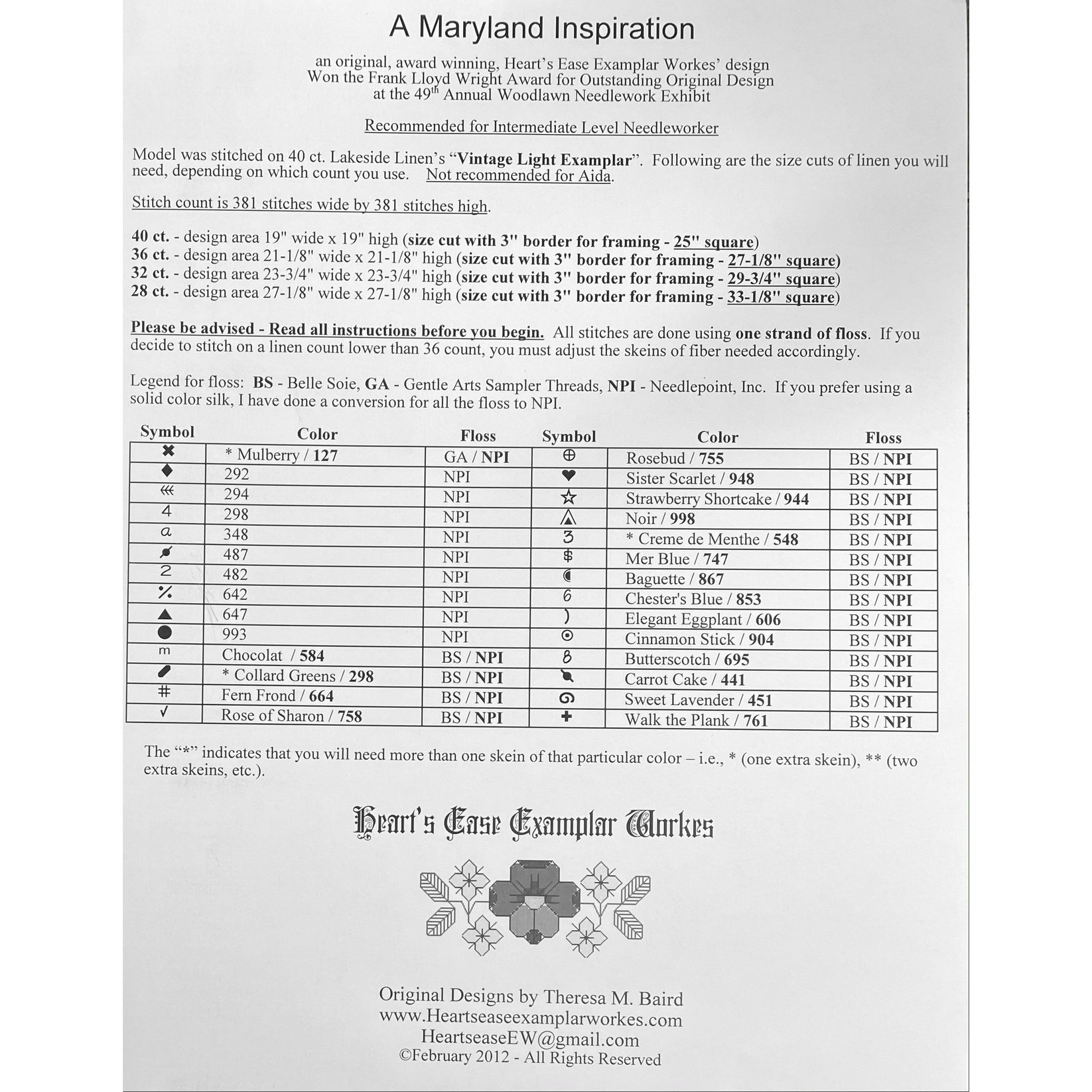 Heart's Ease Examplar Workes A Maryland Inspiration Pattern Hobby