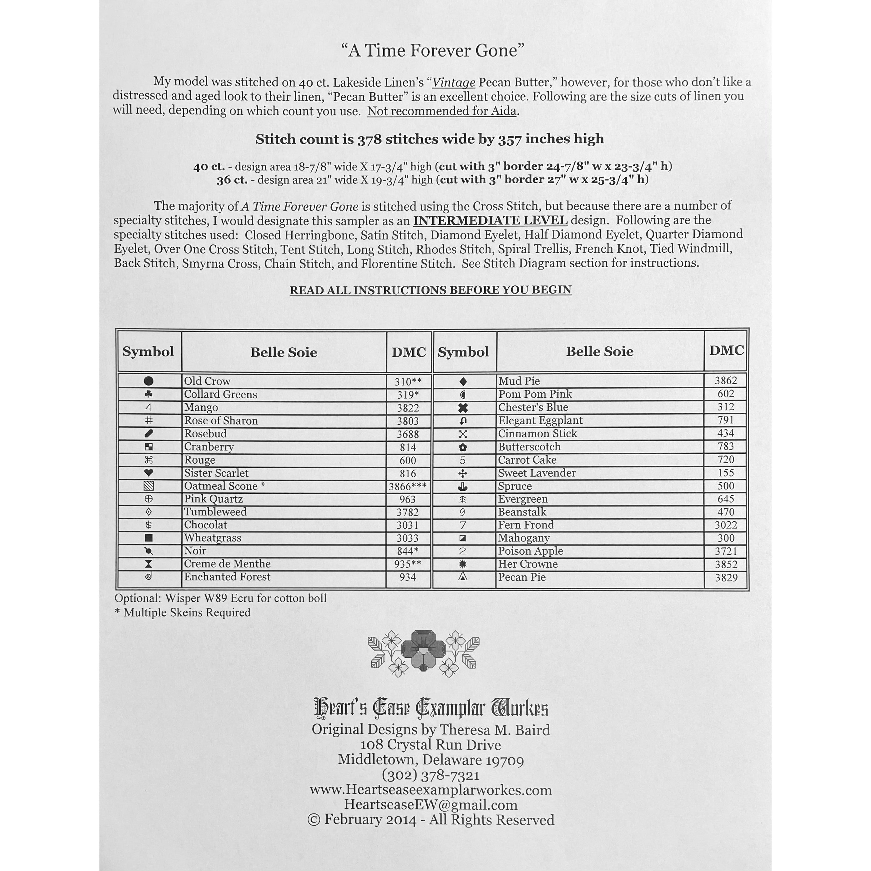 Heart's Ease Examplar Workes A Time Forever Gone Pattern