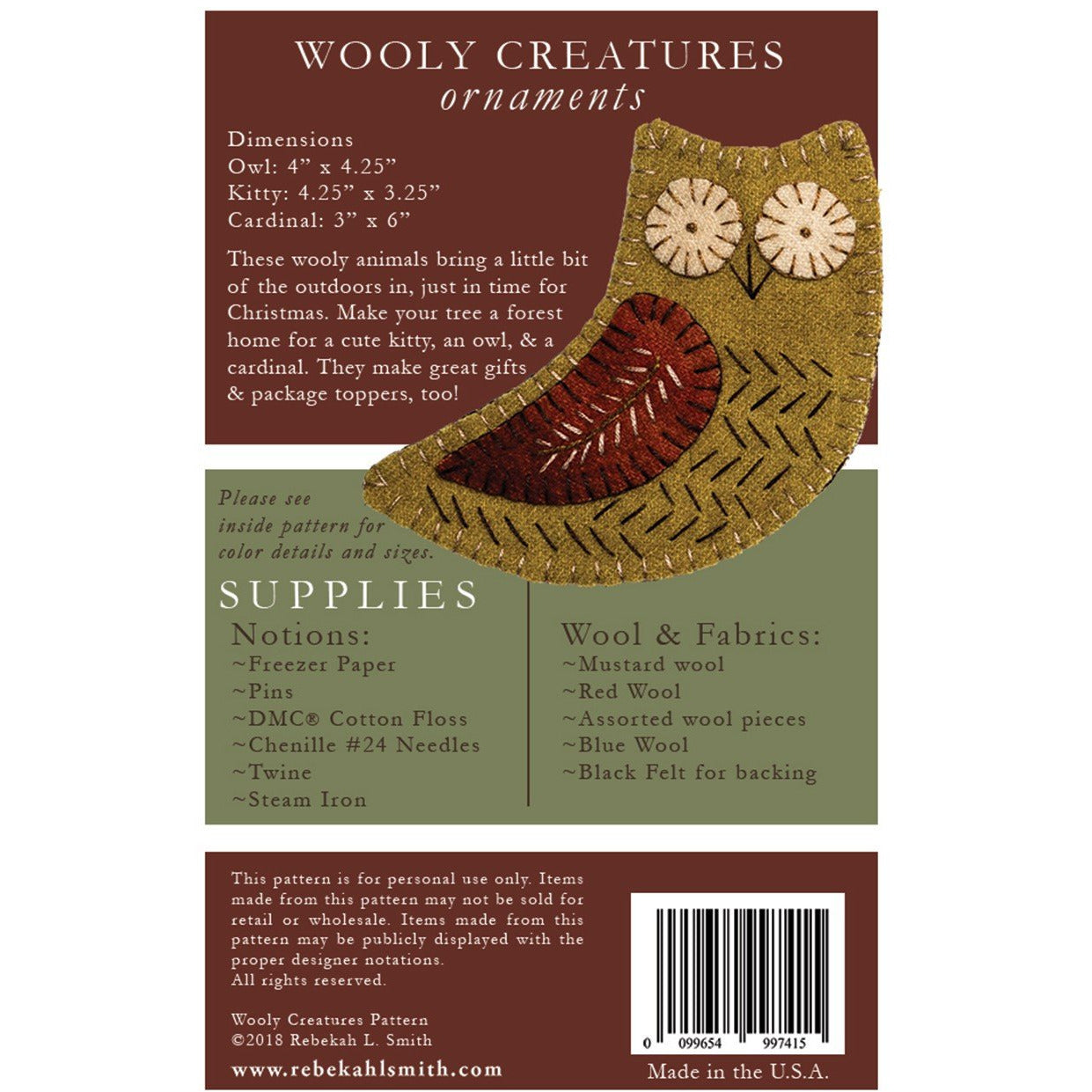 Wooly Creatures Ornaments Wool Applique Pattern