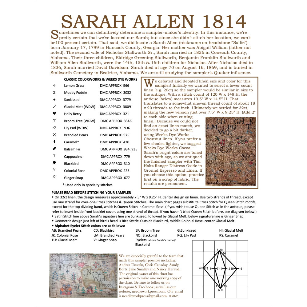 NeedleWorkPress ~ Sarah Allen 1814 Sampler Pattern Market 2022